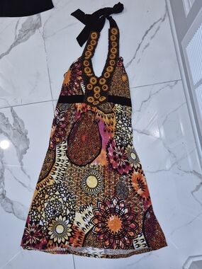 B Darlin Halter Dress in Orange, Black, Yellow